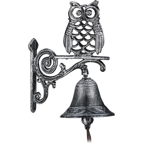 Cloche Murale de Porte Fonte de Fer, Chouette, Design Antique, avec Corde, résistant aux intempéries, argenté (1/5)