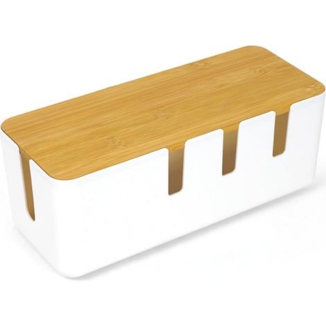Kabelmanagementbox (30 x 12 x 11 cm), Kabelaufbewahrungsbox, Kabelorganizer-Box aus Kunststoff mit Bambusdeckel zum Verstecken von Stromkabeln