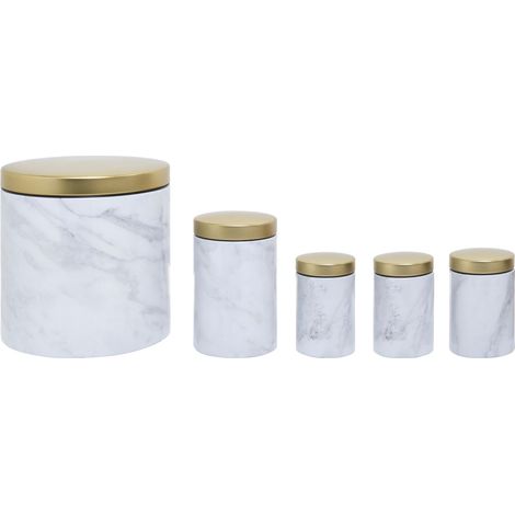 Interiors by Premier 5Pc White Marble Effect Storage Set, Kitchen Storage Set, 5 Piece Kitchen Canister Set, Metal Canisters (1/5)