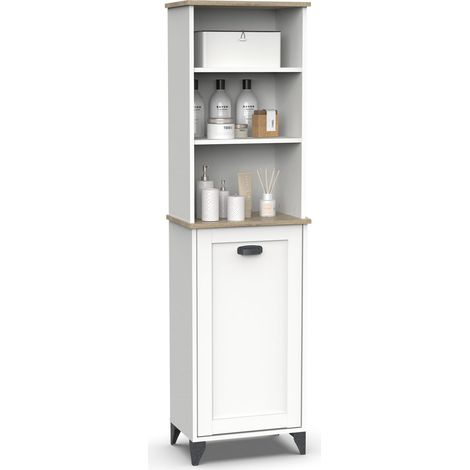 Colonne de salle de bain, armoire haute avec étagère, 1 porte avec 1 étagère intérieure réglable, 168x46,5x31cm, Blanc et Chêne, Vintage, modèle Toscana (1/5)