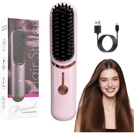 Brosse lissante pour cheveux, 3 Températures, Brosse Chauffante Lissante Electrique Peigne Lisseur Ceramique Ionique Spéciale Cheveux Frisés et Crépus (Rose) (1/5)
