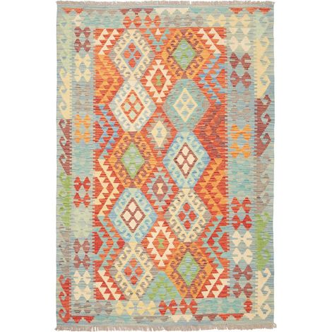 Tapis d'orient 151 x 205 cm, motif ethnique, multicolore, bleu et rouge, en laine naturelle, artisanal et chaleureux (1/5)
