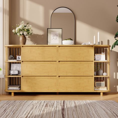 Buffet 160x40x75 cm chêne en MDF et bambou avec 6 tiroirs, étagères ouvertes et pieds réglables (1/5)