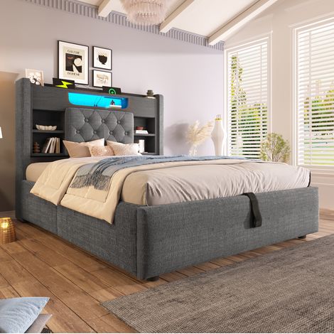 Letto contenitore singolo 90x200 cm con contenitore idraulico, USB-C e luce LED, in tessuto grigio, senza materasso (1/5)