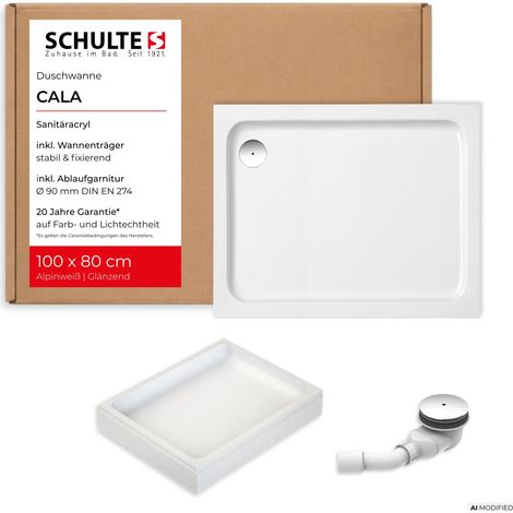 Schulte Duschwanne Cala 100x80 cm Weiß - Komplettset inkl. Wannenträger und Ablaufgarnitur, aus Hochwertigem Sanitäracryl