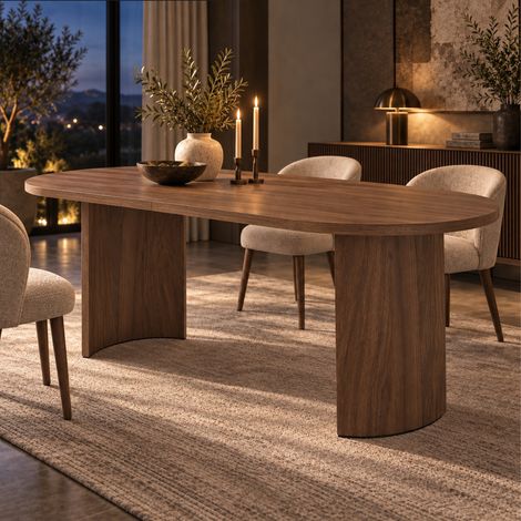 Table à manger 200x90 cm pour 6 à 8 personnes, plateau épais de 2,8 cm aux angles arrondis, pieds courbés sculpturaux, MDF effet noyer (1/5)