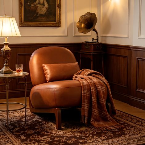 Fauteuil rembourré sans accoudoirs en similicuir marron avec pieds en bois (1/5)
