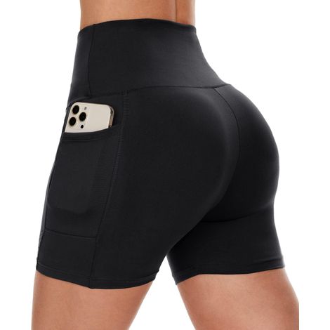 Short cycliste taille haute en spandex avec poches et maintien du ventre pour le yoga, la course et le sport (1/5)