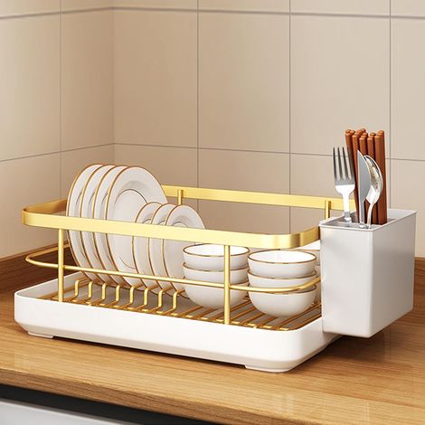Égouttoir à vaisselle en métal doré avec égouttoir et porte-couverts séparé, égouttoir de cuisine amovible pour assiettes, bols et couverts, élégant égouttoir à vaisselle pour rangement sur le plan de (1/5)