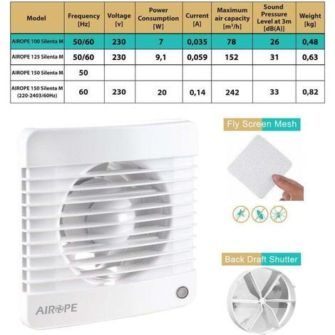 100 mm Ventilateur,Extracteur d'Air,VMC avec Clapet Anti-Retour ,7 W,dB(A) 26,VMC