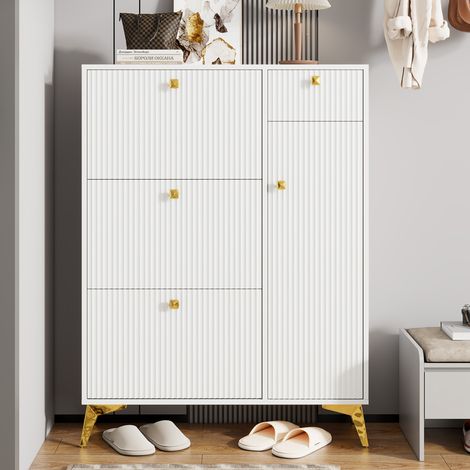 Meuble à chaussures 90x25x121 cm avec 3 abattants, 1 tiroir et 1 porte, rangement chaussures étroit - Blanc