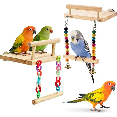 2 x Bird Perch, Parrot Toy, Accessories for Parakeets, Toys Wooden Swings, Parrot, Finch, Parrot Perches (with Bell) (1/5)