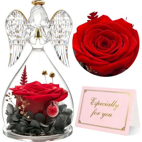 Rose Eternelle Cadeau Femme, Fleur Eternelle Ange Gardien Cadeaux Maman,Ange Figurine Cadeau Anniversaire Femme Mamie,Ange Cadeau Noel Saint Valentin Fete des Meres,Vraie Rose (1/5)
