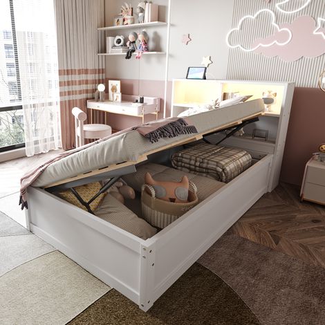 Bett Schlafbett mit Stauraum 90x200 Holz Weiß OKMYHOME (1/5)