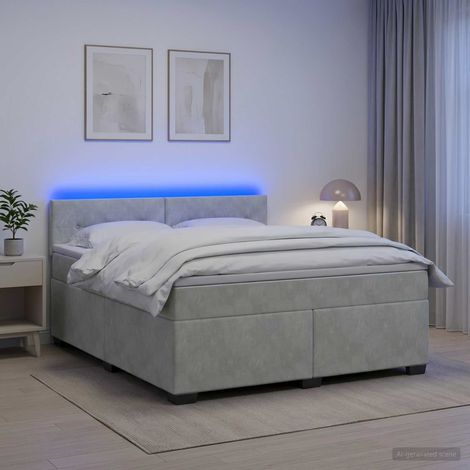 Cama con Base Tapizada, Colchón y Luz LED Gris Claro (1/5)
