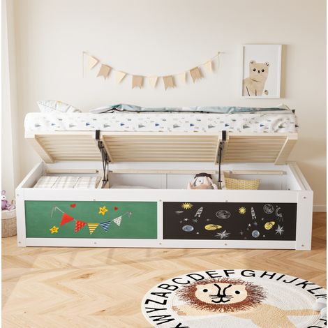 Bett aus Holz in Weiß 90x200 cm mit hydraulischem Stauraum, Tafel und Bücherfach (1/5)