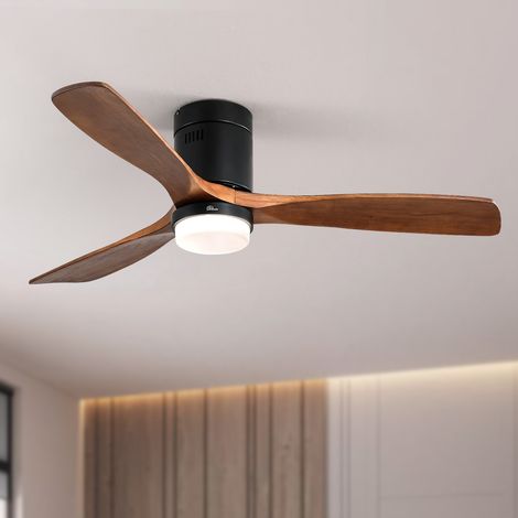 Deckenventilator 132x132x32 cm schwarz aus Metall und Massivholz mit LED-Licht, reversiblem DC-Motor und Fernbedienung (1/4)