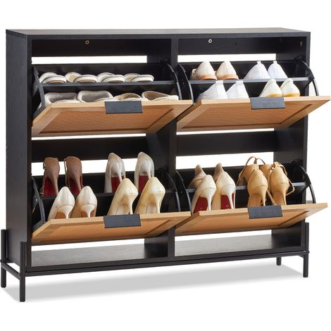 VEVOR Rattan Shoe Cabinet, Narrow Shoe Storage Organizer with 4 Flip Drawers, Slim Shoe Entryway Storage Cabinet with Metal Legs, Ideal for Entryway, Closet, Hallway, Light Wood Color (1/5)