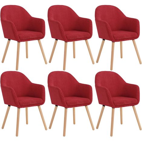 WOLTU Lot de 6 Chaises de Salle à Manger en Velours Côtelé + Bois Massif, Chaise de Cuisine 41 x 39 x 83, 5 cm, Chaise Ergonomique avec Accoudoir, Rouge