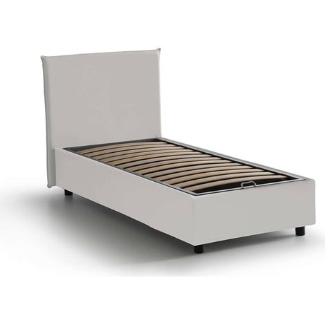 Dmora - Cama individual Dbaros, Cama contenedor con tapizado en ecopiel, 100% Made in Italy, Apertura frontal, adecuado para colchón Cm 90x200, Blanco