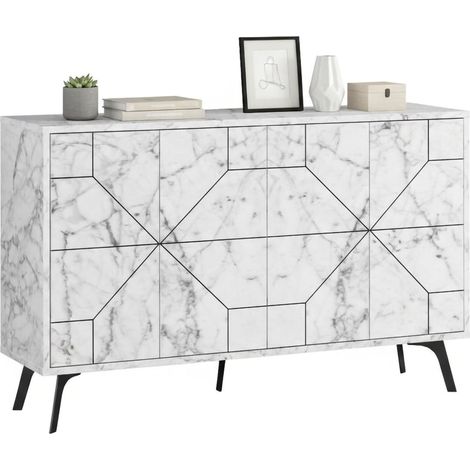 Dmora - Kommode Dokwonkw, Wohnzimmerbuffet, Wohnzimmer-Sideboard, Moderne Küchen-Speisekammer, 123x35h62 cm, Weißer Marmor