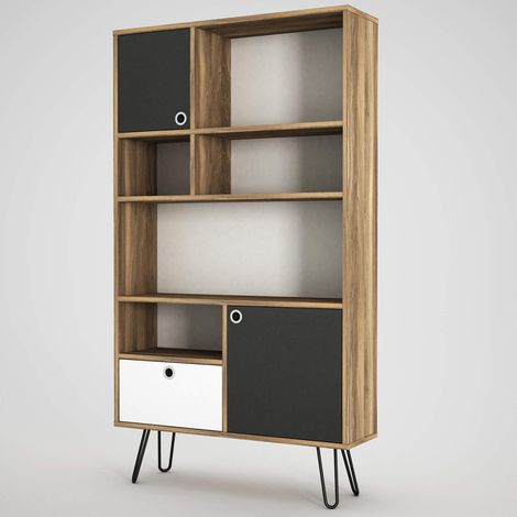4180 Caramel Étagère de Rangement Murale en Bois Noyer Anthracite, avec Pieds en métal, étagère Design pour Salon, 90 x 160 x 25 cm (1/5)