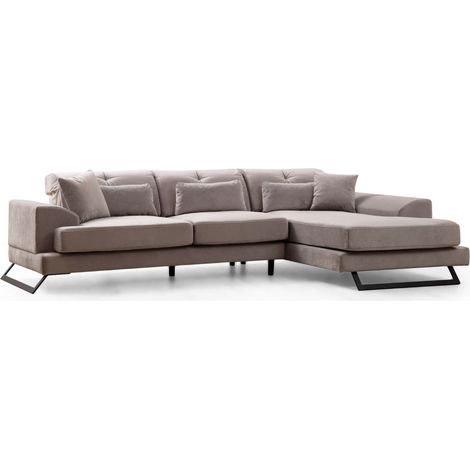 Canapé d'angle droit velours gris avec têtières relevables et pieds metal noir Briko 308cm (1/5)