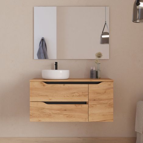 Meuble de salle de bain 100cm avec plateau, vasque à poser déportée à gauche Ares et miroir - 2 tiroirs et un placard - roble (chêne clair) - ZARZA