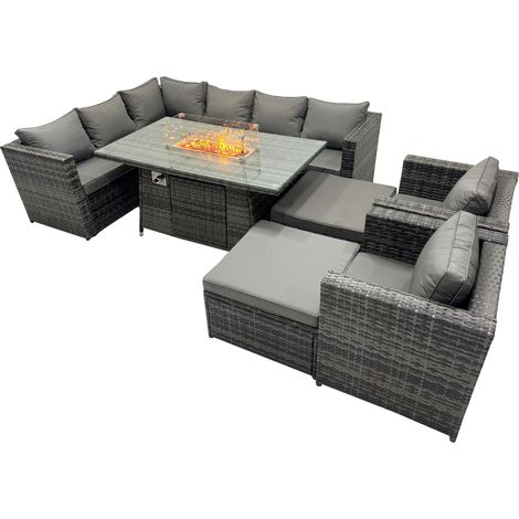 Fimous Rattan Garden Furniture Dining Set 10-seater Gas Firepit Dining Table Corner Sofa Set with 2 Big Stools Dark Grey Mixed (1/5)