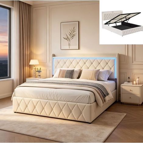 Lit coffre 140x190,lit 140x190 avec sommier à lattes,LED,USB,lit double capitonné,lit adulte,lit 2 personnes,tissu en Velours,Beige (1/5)