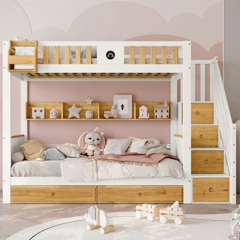 lit superposé enfant 90x200, sécurité renforcée garde-corps, rangement intégré coffres escalier tiroirs (1/5)