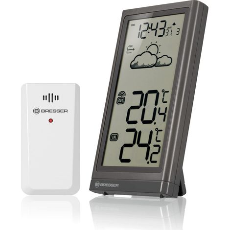 Bresser Stazione meteo radio con sensore esterno Meteo Temp, termometro con indicatore di temperatura per interni ed esterni, previsioni meteo, con base pieghevole e supporto da parete, grigio (1/3)