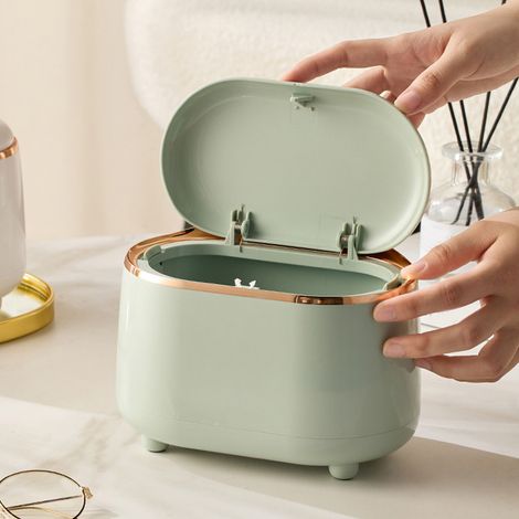 Mini Poubelle avec Couvercle Pressé Oval Plastique Verte Compacte Bureau Cuisine Salle de Bain (1/5)