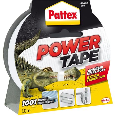 Pattex Power Tape, Ruban adhésif blanc extra fort pour charges lourdes, Bande adhésive toilée tous supports, Rouleau adhésif étanche de 48 mm x 10 m