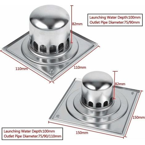 Scarico a pavimento quadrato in acciaio inox, scarico doccia antiodore per porte del bagno, diametro grande (150 mm) - VSIAISV (1/5)