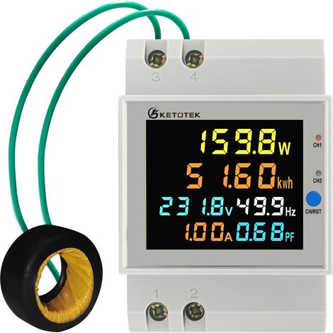Compteur Énergie Monophasé sur Rail DIN - Compteur Électrique 2 Voies, 2 Transformateurs de Courant 100A Inclus, LCD Couleur, Reset (1/5)