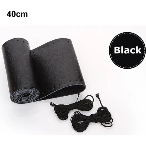 Housse de volant en cuir de vachette véritable tressé avec aiguilles (noir, 40 cm) - Accessoire de style intérieur pour voiture (1/5)