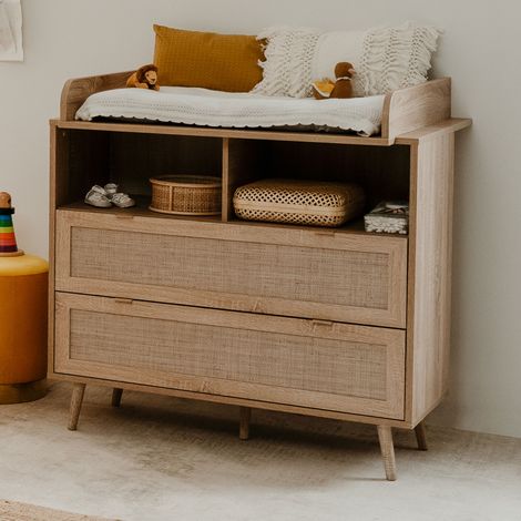 M&S – Commode enfant 100x77,5x100 cm – Cannage naturel – Amovible pour rangement – Pieds en bois massif – Style nordique