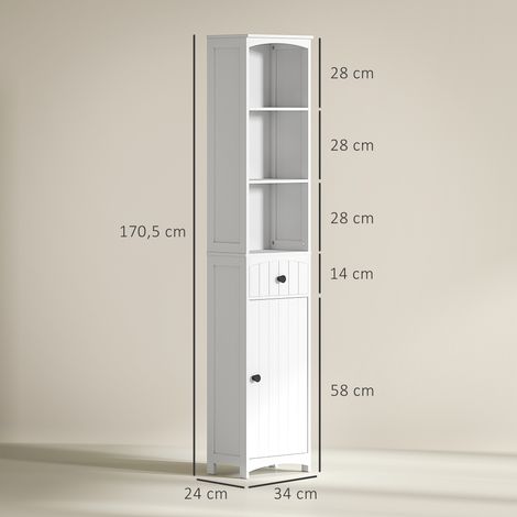 Meuble de salle de bain blanc, armoire de toilette haute avec 3 tablettes et 1 tiroir, colonne de rangement étroite, étagère mural pour salle d'eau, dimensions 34 x 24 x 170,5 cm. (1/5)