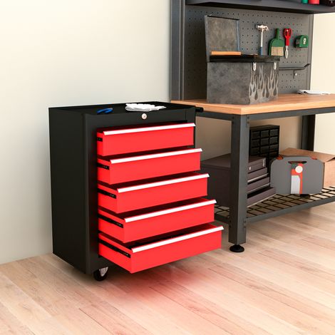 Coffre à outils, armoire à outils sur roulettes, 5 tiroirs, tôle d'acier, noir et rouge (1/5)