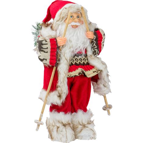 Decorazione Natalizia Babbo Natale con Sacco Doni e Scii 40cm Rosso (1/3)