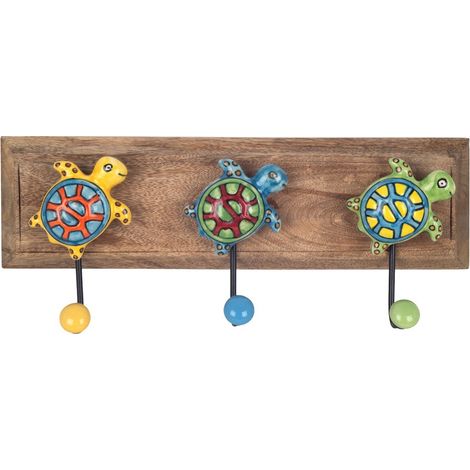 Perchero de pared de madera con 3 tortugas de cerámica 35 cm (1/2)