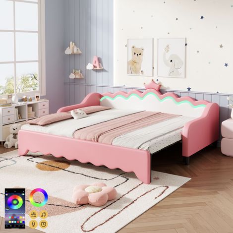 3ft Single Daybed with LED Crown Shape Headboard, PU Leather Sofa Bed Frame with Solid Wood Slat, Pull out Trundle Bed for Living Room/ Bedroom/ Study Room, Cream White + Pink (No Mattress)