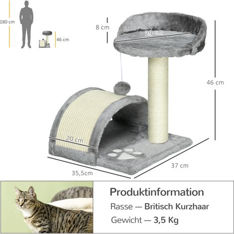 Arbre à chat 46 cm. Petite tour à chat avec grotte, balle de jeu, corde en sisal, plateforme surélevée, griffoir et arbre à chat. Convient aux chats jusqu'à 4 kg. Gris. (1/5)
