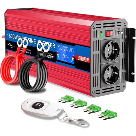 1500w Convertisseur Pur Sinus 12v 220v Onduleur Transformateur 2 Prise EU de Courant Alternatif,1 Port USB,télécommande sans Fil et écran LCD, pour Voiture, Camping, Voyage (1/5)
