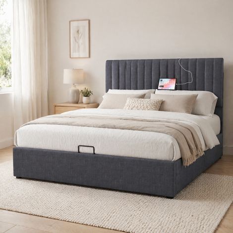 DESMIU Lit Coffre 140 × 200 cm 2 Places avec LED, USB, Type-C et Rangement, sans Matelas, en Lin, Gris (1/5)