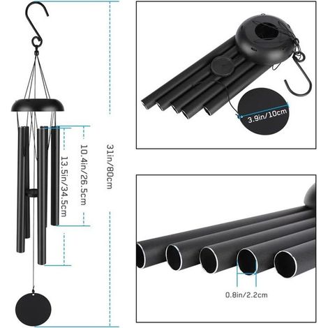 Grand carillon éolien pour extérieur, carillon éolien commémoratif de 80 cm, 5 tubes métalliques, mélodie agréable,décoration (1/4)