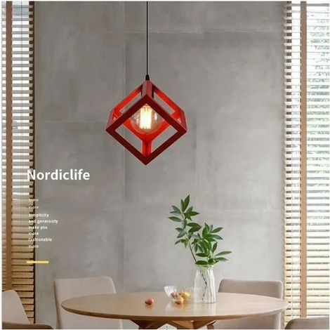 Rétro Lampe Suspension Industrielle Rouge Lustre Plafonnier en Carré Métal pour Salon Chambre Cafe Bar (1/4)