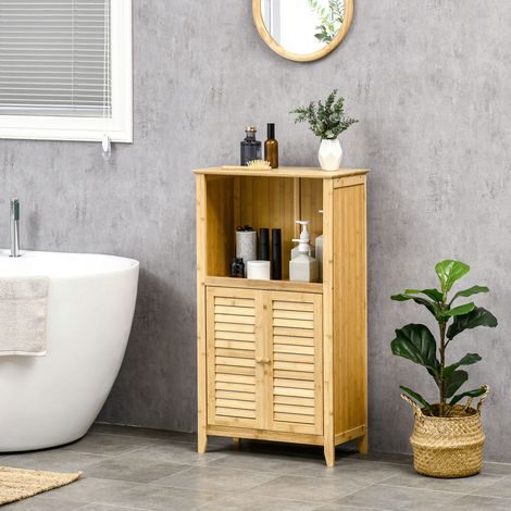 Mobiletto da bagno, mensola autoportante con 2 ante a doghe, ripiano aperto, bambù, mobile contenitore per bagno, soggiorno, 50 x 25,5 x 92 cm, naturale