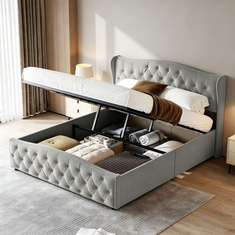 Lit Coffre 140x190 cm,lit Double capitonné boutonné design rivets, Sommier à Lattes, Rangement Hydraulique, Scandinave, Velours,Gris (1/5)